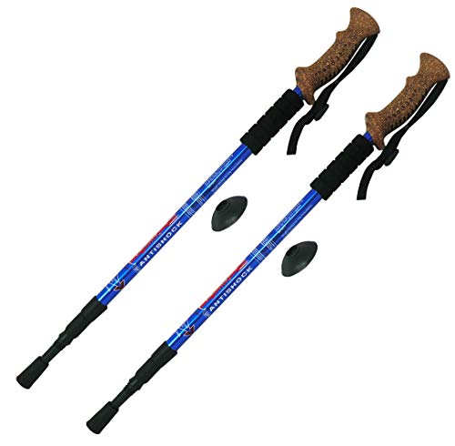 Par de bastones de senderismo antishock Nordic Walking con mango tipo corcho (no es corcho) – Tamaño ajustable 138 x 65 cm (color azul)