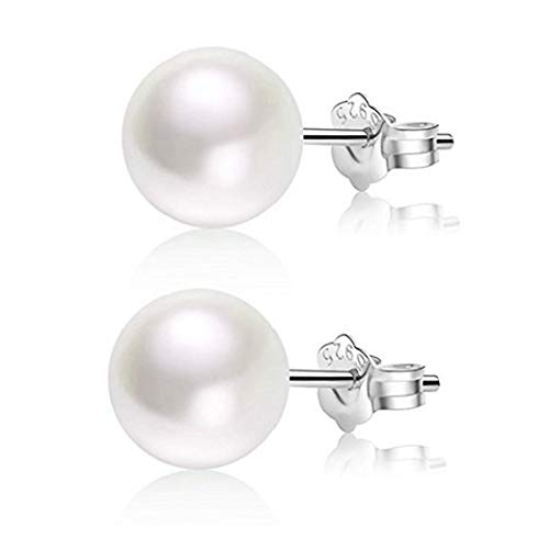 Pendientes de Perlas Blanca Plata de ley 925 para Mujeres, Cierre Presión Hipoalergénicas (4 mm)