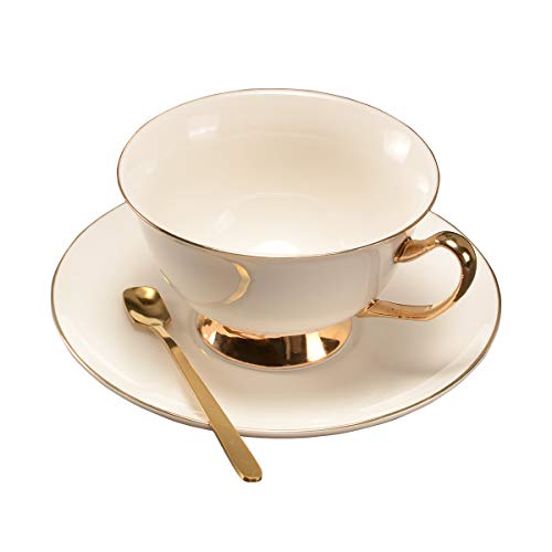 Pfedxoon Juego de tazas de café británicas de 3 piezas, taza de té moderna con platillo cuchara