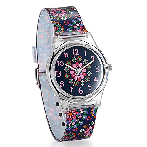 Reloj de Niña Mujer Reloj Analogico de Colores Floral Flores, Reloj Transparente Correa de Silicona para Chicas, Regalo de San Valentín -Avaner