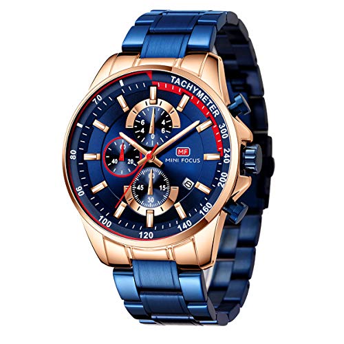 Relojes para Hombres, Mini Focus Analógico de Cuarzo Reloj Impermeable Deportivo cronógrafo Correa de Cuero Fecha para Regalo (Azul 2)