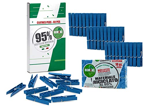 Remake 40 Piezas - Pinzas Ropa Ecológico 95% con Plastico Reciclado, Talla Grande. Fuertes y a Prueba de Viento. Made in Italy. Color Azul