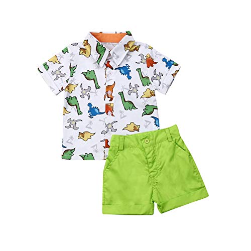 Ropa Niño Conjuntos Verano 2 Piezas Camisa Dinosaurio + Pantalón Verde Fluorescente Corto para Chico Disponible de 1-5 Años Casual, Fiesta, Vacaciones (Verde, 18-24m)
