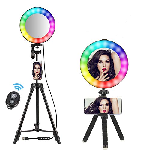 Selfie Ring Light 8"con trípode de 50" Kit de iluminación LED Circular y Control Remoto RGB Rainbow 14 Colores para transmisión de Video en Vivo, Youtube, Maquillaje, fotografía, Tiktok, vlogging