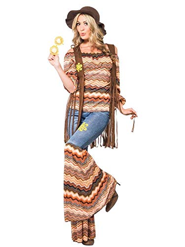 shoperama Hippie Harmony - Disfraz de mujer con camiseta y pantalón carmen de los años 60 y 70, diseño de flores, talla S