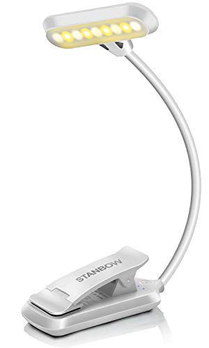 Stangow - Lámpara de lectura con pinza para libro, interruptor táctil, USB, recargable, 9 LED, lámpara de lectura con 3 temperatura de color, 360°, flexible, con pinza regulable (blanco)