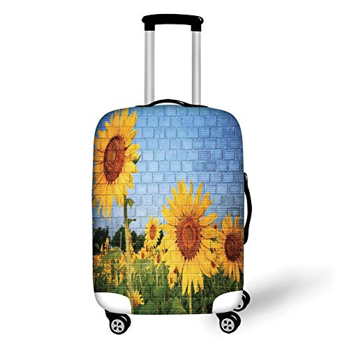 Travel Luggage Cover Suitcase Protector,Rustic Home Decor,Sunflowers on Wall Peaceful Habitat Meadow Valley in Rural Village,Yellow Green，for Travel XL