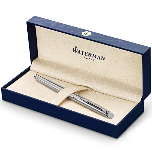 Waterman Hémisphère pluma estilográfica, acero inoxidable con adorno cromado, plumín mediano con cartucho de tinta azul, estuche de regalo