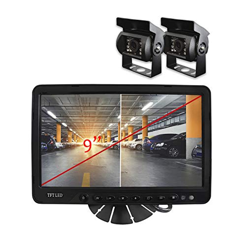 YATEK Kit de visión Trasera Compuesto por Pantalla LCD Quad TFT 9" + 2 cámaras traseras de Aparcamiento con visión Nocturna
