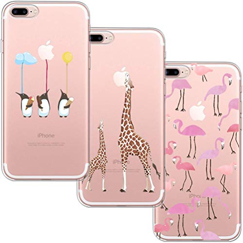 [3 Pack] Funda iPhone 7 Plus, Funda iPhone 8 Plus, Funda de Silicona Blossom01 Ultra Suave Funda TPU Silicona con Dibujo Animado Lindo Para iPhone 7 Plus / 8 Plus - Flamingo & Jirafa & Pingüino