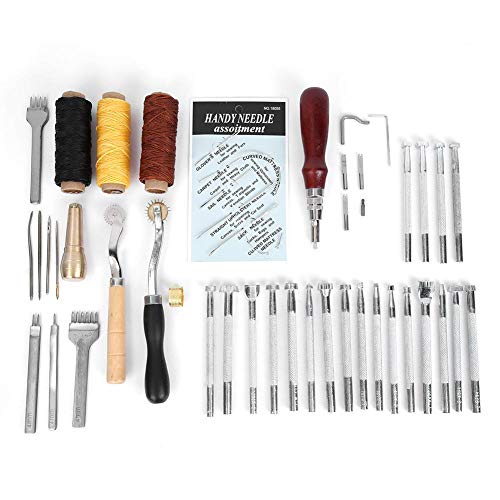 48 piezas Juego de herramientas de cuero Herramientas de punzonado de sellos de cuero de múltiples formas con juego de herramientas de aguja de punzón para trabajo artesanal de cuero DIY