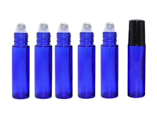 6 unidades 10 ml 0,34 oz azul cobalto botella con bola de acero y tapa negra para aceites esenciales, perfumes, brillo labial, bálsamo cosmético, botella de rodillo de Phiole Container