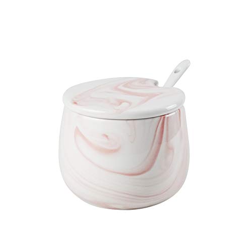 Azucarero de mármol, azucarero de cerámica con tapa y cuchara para el hogar y la cocina, juegos de 3 rosa