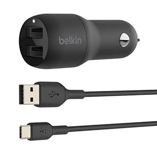 Belkin Boost Charge - Cargador para Coche con Dos Puertos USB, 24 W con Cable USB-C, para Coche de Nintendo Switch y iPad Pro