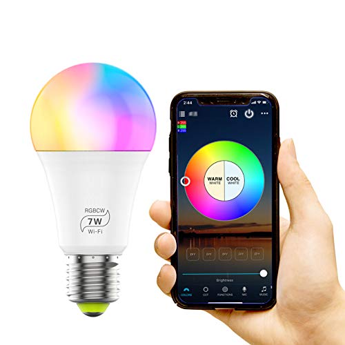 Bombilla LED Inteligente WiFi, VISLONE 7W Luces Cálidas RGB 2700-6500K Ajustable, Bombilla E27 Multicolor Funciona con Alexa, Google Home, Equivalente 60 W (1 Paquete)