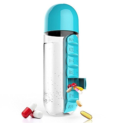 Botella del deporte de la píldora del viaje 2-in-1,600 ml de gran capacidad con un organizador de pastillas diario incorporado,Más adecuado para la salud personal, rosa , blue