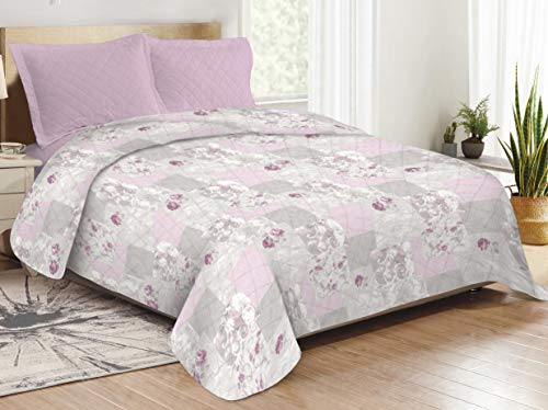 CosiCasa - Colcha reversible de 1 plaza y media, 100 gramos (220 x 250 cm), diseño de patchwork, color rosa, para cama de matrimonio, ligera, primaveral y otoñal