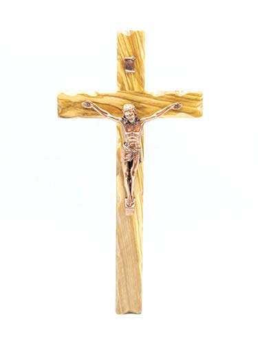 Crucifijo de madera - de pared - Cristo plateado - madera de olivo natural - Fabricado en Umbria Italy - 25 x 12 cm
