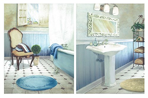 Cuadro Decorativo de baño en Tonos Azules Set de 2 Cuadros de 19 cm x 25 cm x 4 mm unid. Adhesivo FÁCIL COLGADO. Adorno Decorativo. Decoración Pared hogar