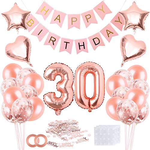 Decoración de cumpleaños 30 en Oro Rosa para Mujeres, Feliz cumpleaños Decoración Globos Guirnalda Banner 30 Años Globos de Confeti y Estrella Corazon Globos de Aluminio