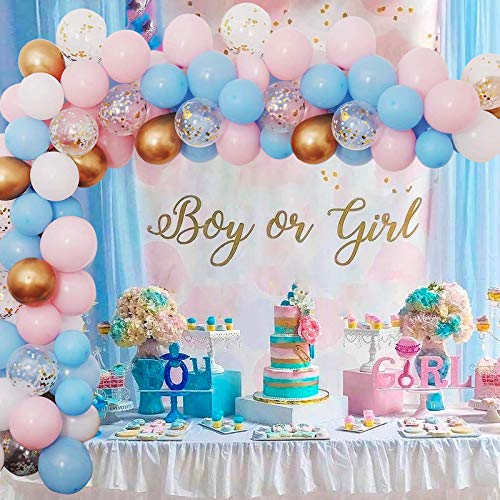 Decoraciones revelación género, kit guirnalda arco globos rosa azul, globos blancos azul rosa, globos oro metálico, globos confeti oro para niña niño revelación género cumpleaños baby shower