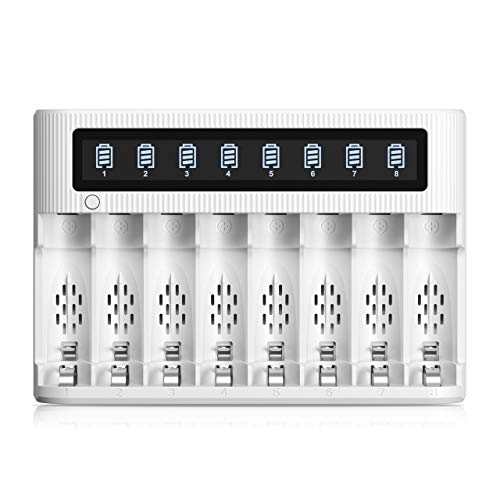 EBL Cargador de batería LCD de 8 Ranuras para baterías Recargables AA AAA Ni-MH con función de Descarga, Entrada Tipo C y Micro USB