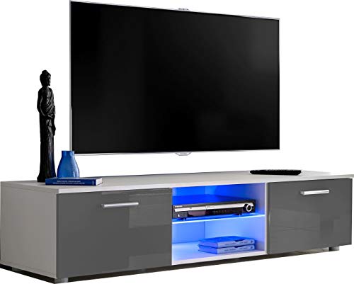 ExtremeFurniture T33 Mueble para TV, Carcasa en Blanco Mate/Frente en Gris Alto Brillo + LED Mando a Distancia