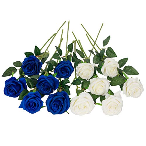 Floralsecret 12 Piezas Rosas Artificiales Ramo Flores Imidacial de Seda Decoración de Boda Casa(Blanca, Azul)