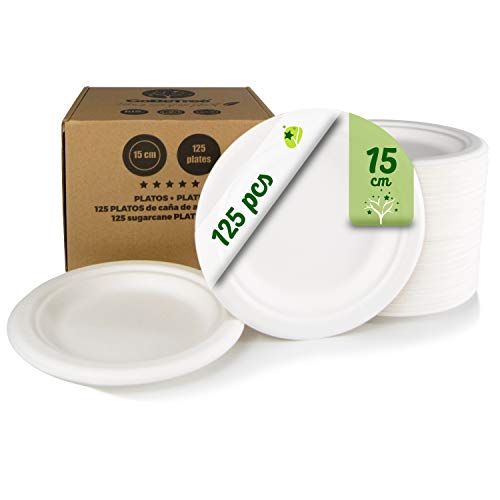 GoBeTree 125 Platos Desechables biodegradables de Papel de caña de azúcar de Ø15 cm en Caja de cartón. Platos extrafuertes de Color Blanco. Platos Redondos pequeños de bagazo.