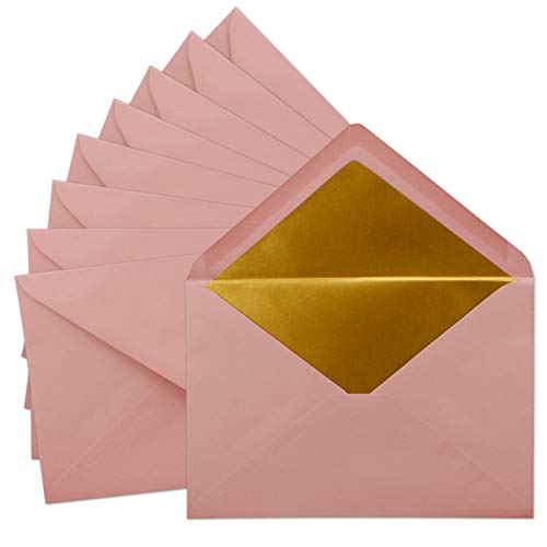 Gustav Neuser® - Sobres DIN C5 (25 unidades, 15,7 x 22,5 cm), color rosa envejecido (rosa) con forro de seda dorado, cierre en húmedo, sobres en blanco, sin ventana, formato C5, marca: Gustav Neuser®
