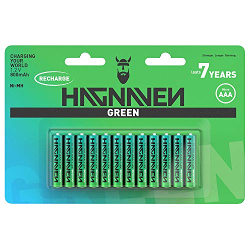 HAGNAVEN® Pilas recargables Ni-MH Micro AAA Green precargadas, 12 unidades, precargadas y listas para usar, alta capacidad, 800 mAh y 1,2 V, celdas de alta calidad