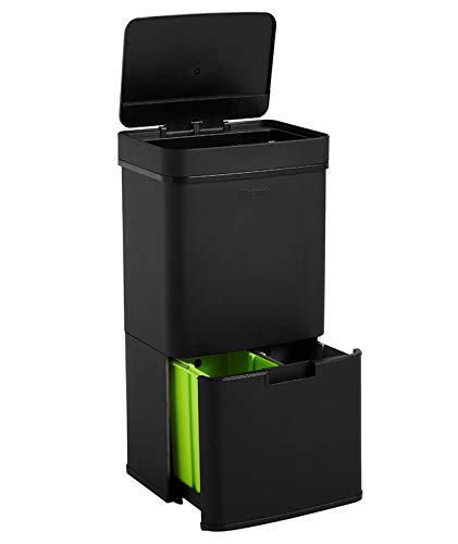 Homra Nexo Negro - Cubo de basura y reciclaje grande con sensor de 3 + 1 compartimentos ( 82,5 x 42 x 31,5 cm) metalico en acero inoxidable, 72 litros