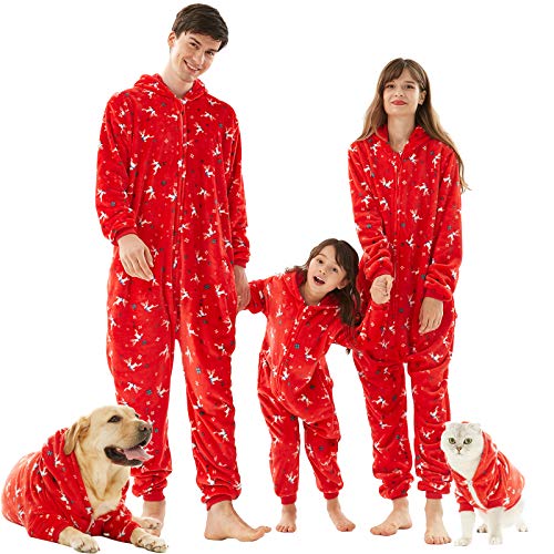HORSE SECRET Pijama Hombre Mujer, Pijama en Tejido Franela Polar Suave y cómodo para Toda la Familia, excelente para Invierno, Ciervo Rojo - Perro & Gato, XL
