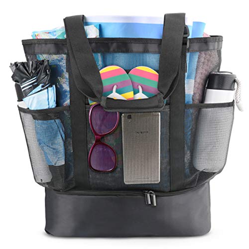 Idefair bolsa de playa de malla, bolsa de compras extragrande, reutilizable, para la playa, para la familia, picnic, para exteriores, con correa ajustable + 2 almohadillas para el hombro, 8 bolsillos