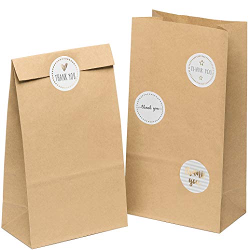 kgpack 50x Bolsas de papel kraft DIY Con pegatinas THANK YOU 14 x 26 x 8 cm | Bolsas de papel Kraft para niños | calendario de adviento | Bolsa de regalo de fondo plano | Bolsa de papel de alimentos