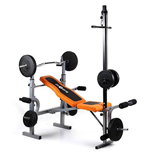 Klarfit Ultimate Gym 3500 - Banco de Entrenamiento, Dispositivo multifunción de musculación, Curler de brazos y piernas ajustable, Soporte de pesas ajustable, Carga máxima de 250 kg, Naranja