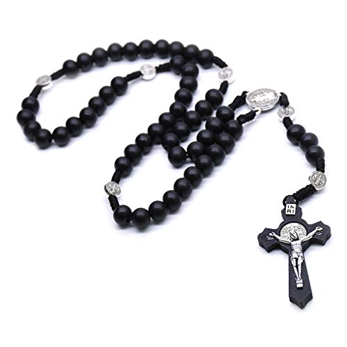 MENGSHI Collar religioso con colgante de cruz de Cristo Jesús de madera negra, collar de rosario católico, recuerdo de iglesia, collar con colgante de oración, duradero y práctico
