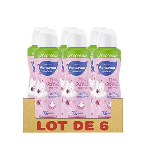 Monsavon Déodorant Femme Spray Compressé Lait et Fleur de Cerisier (Lot de 6x100ml)