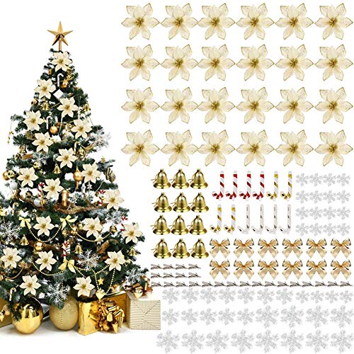 Queta 120pcs Decoraciones para Árboles de Navidad Artificiales Flores de Navidad, Adornos de Árboles de Navidad con Copos de Nieve Campanas Bowknots Clips para Decoraciones Navideñas (Tipo-2)