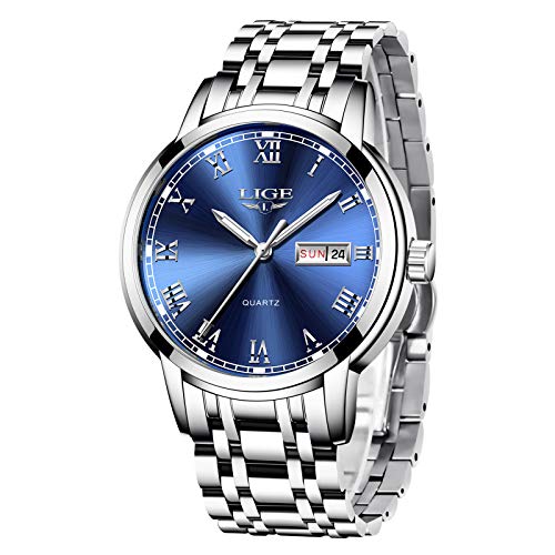 Relojes Hombres LIGE Marca Reloj de Cuarzo analógico de Acero Inoxidable a Prueba de Agua Hombre Fecha Vestido Casual de Negocios Reloj Hombre de Pulsera Reloj de línea Azul quadrante BLU