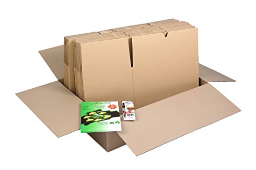 rillstab original Cajas de mudanza – 20 unidades – 55,5 litros – Incluye 4 rotuladores (negro, azul, verde y rojo) + 100 etiquetas de 105 x 148 mm – Cajas ecológicas para cualquier mudanza