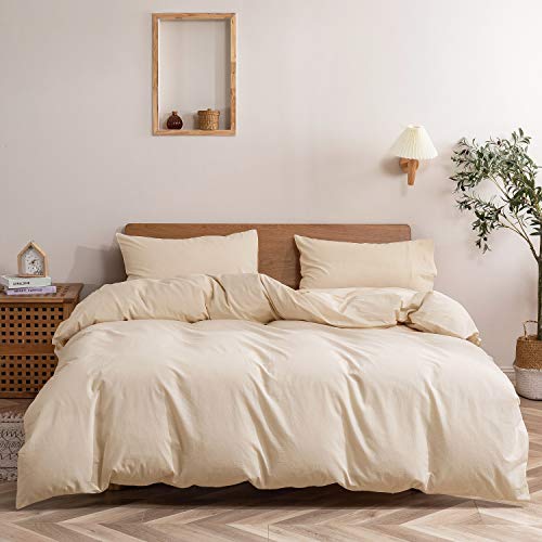 Ropa de cama de 135 x 200 cm, algodón, color beige, juego de funda nórdica monocolor, 2 piezas, funda nórdica moderna y funda de almohada de 80 x 80 cm con cremallera