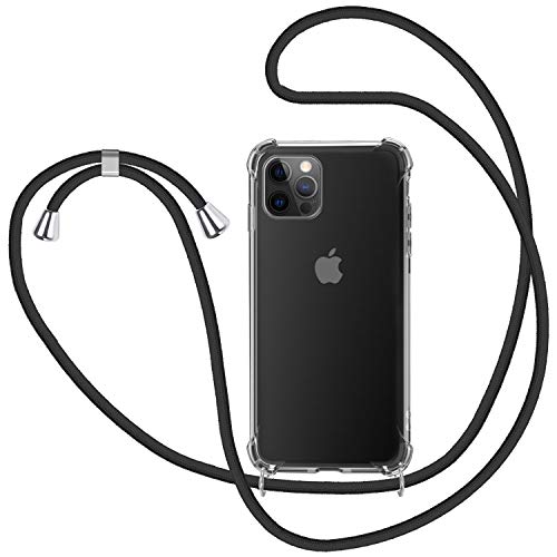 SAMCASE Funda con Cuerda para iPhone 12 Pro MAX 6.7'', Carcasa Transparente TPU Suave Silicona Case con Correa Colgante Ajustable Collar Correa de Cuello Cadena Cordón - Negro