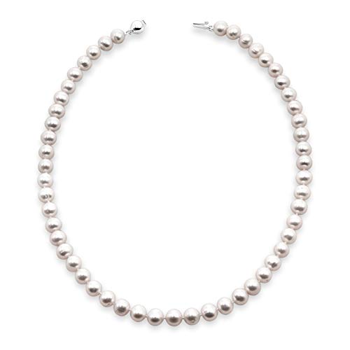 Secret & You Collar de Perlas de Mujer cultivadas de Agua Dulce 45 cm de Largo - Perlas Ovaladas o Semi Redondas de 6.5 a 7 mm - Cierre de Plata de Ley Rodiada de 925 milésimas