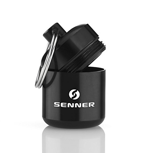 Senner - Pastillero con llavero (estable, impermeable, ideal para almacenar, recipiente de aluminio), color negro