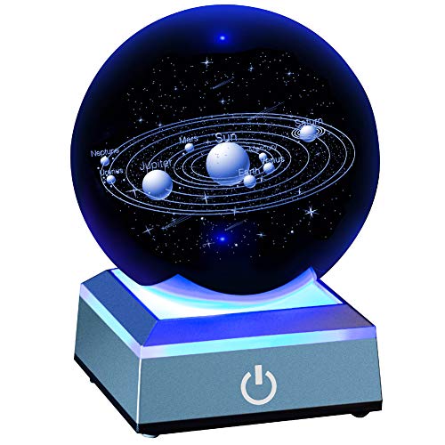 Sistema Solar 3D Modelo Bola de Cristal 80 mm, holograma grabado con láser con base iluminada, modelo planetario, ciencia, astronomía, juguetes educativos para niños