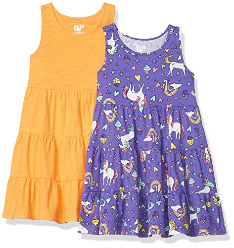 Spotted Zebra Pack de 2 Vestidos de Punto sin Mangas con Capas playwear-dresses, Unicornio púrpura/naranja, US XS (4-5) (EU 104-110 CM)