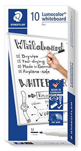 Staedtler Lumocolor Whiteboard Pen 301-9 - Rotulador para pizarra blanca punta M de 1 mm aprox. Color negro. Caja de cartón con 10 rotuladores