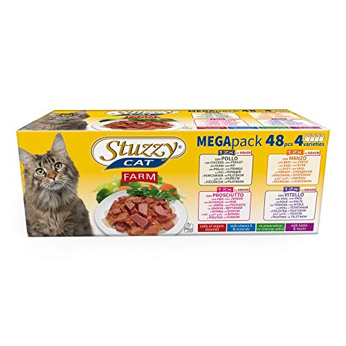 Stuzzy, Comida húmeda para Gatos Adultos, Varios sabores, Nuggets en Salsa - Total 4,8 kg (48 Sobres x 100 gr: 12 Pollo; 12 Buey; 12 jamón; 12 Ternera)