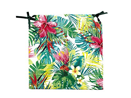 TIENDA EURASIA® Pack de 4 Cojines para Sillas - Estampado Flores Tropical - 2 Cintas de Sujeción - Ideal para Interiores y Exteriores - 40 x 40 x 3 cm (Color)